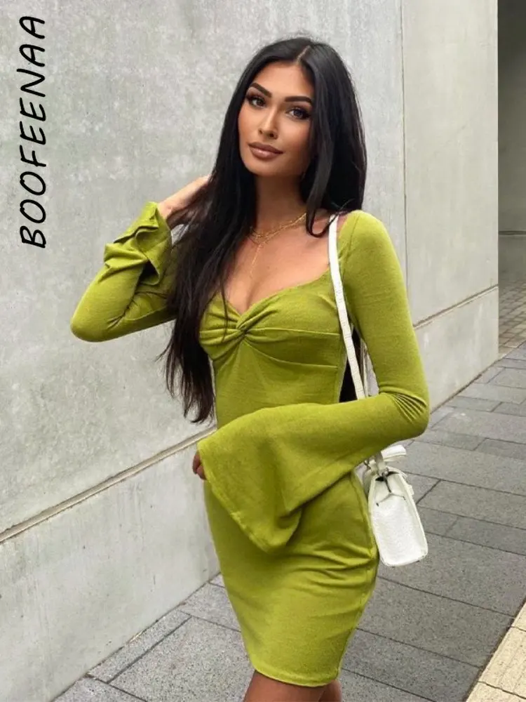 

BOOFEENAA Square Neck Flared Long Sleeves Dress Spring 2023 Fashion Sexy Bodycon Dresses for Date Night Outfits Women C16-BD21