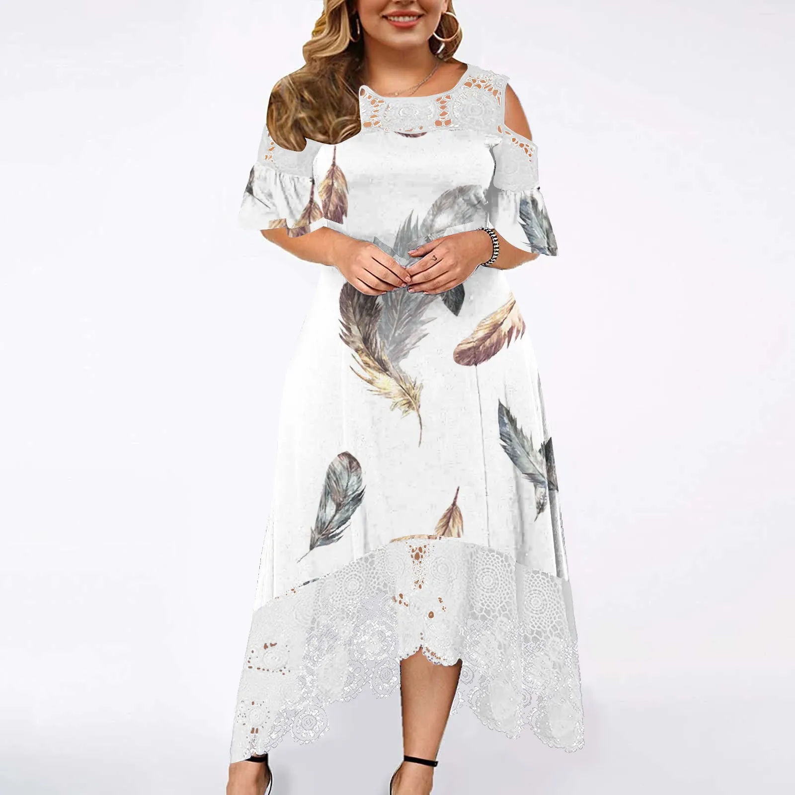 

Women Casual Print Lace Round Neck Dress Short Sleeve Irregular Lace Stitching Long Dress Women Dresses Bridesmaid