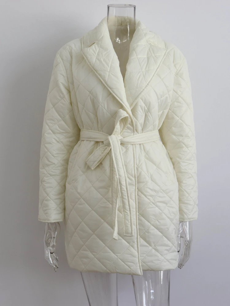 Winter Fashion White Argyle Parkas with Belt Women's Vintage Warm Khaki Cotton-padded Coats 2022 Ladies Long Jackets Streetwear