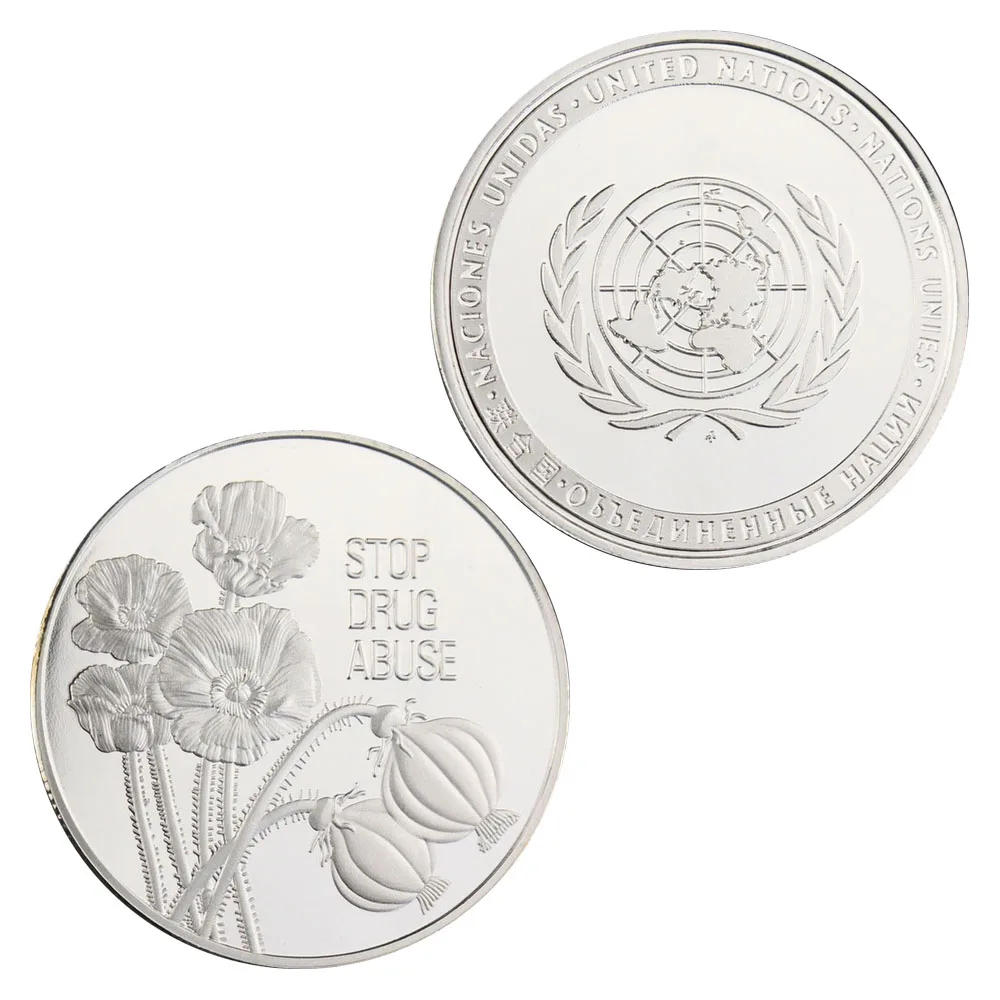 

United Nations Collectible Silver Plated Souvenir Coin Stop Drug Abuse Basso-Relievo Collection Non-currency Commemorative Coin