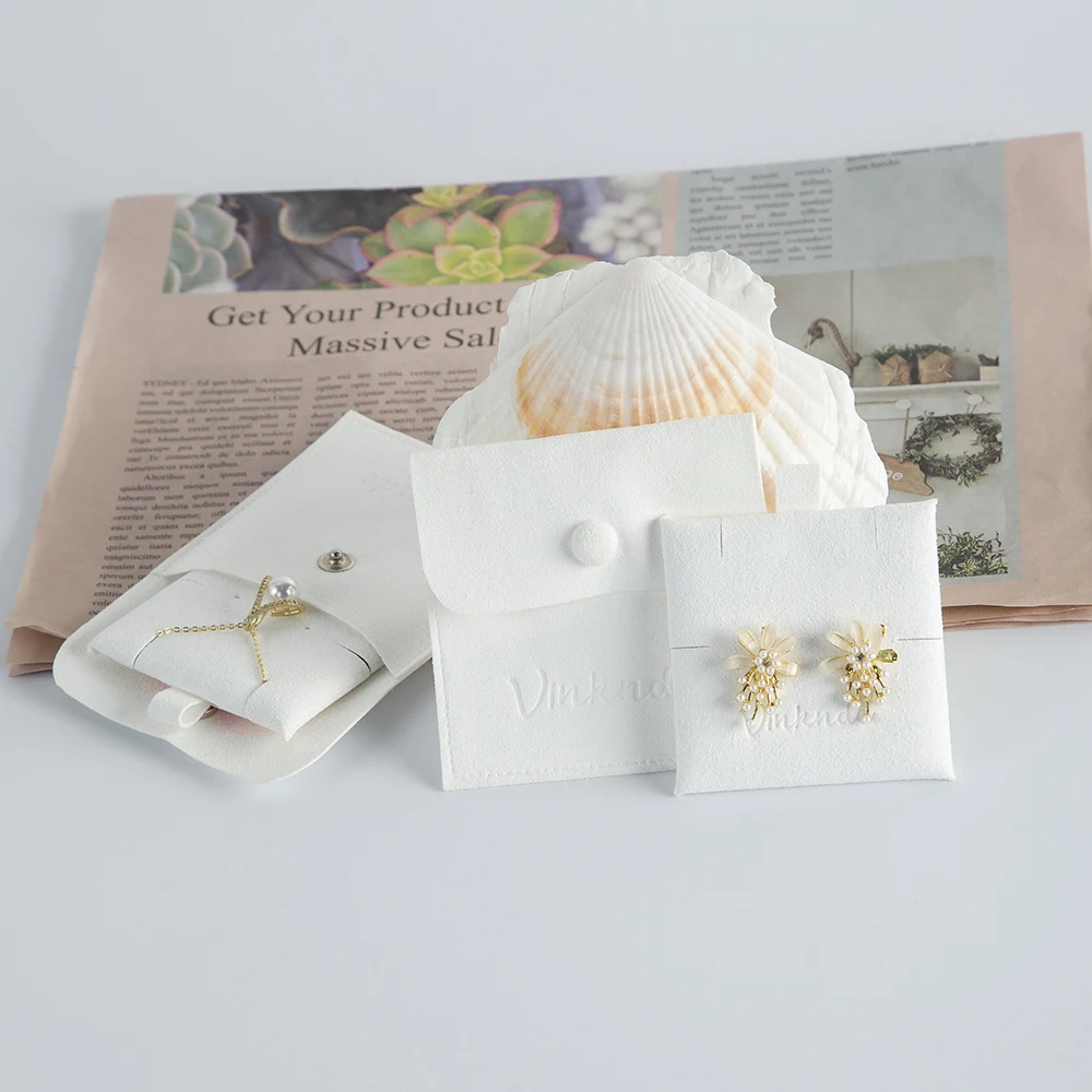 Custom Logo Bulk Snap Ivory Suede Jewelry Earring Pouch With insert Pad Cards Microfiber Jewellry Necklace Earring Pouches Bags