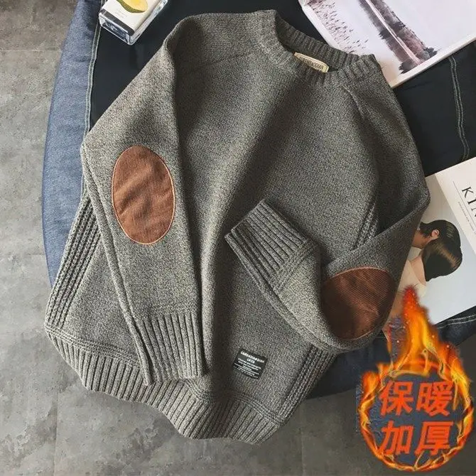 Retro pullover sweater men's patch stitching contrast thickened round neck sweater men's