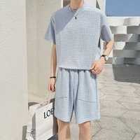 summer bluewhite short sets men slim fashion casual plaid sets men korean loose short sleeved t shirtshorts two piece sets men