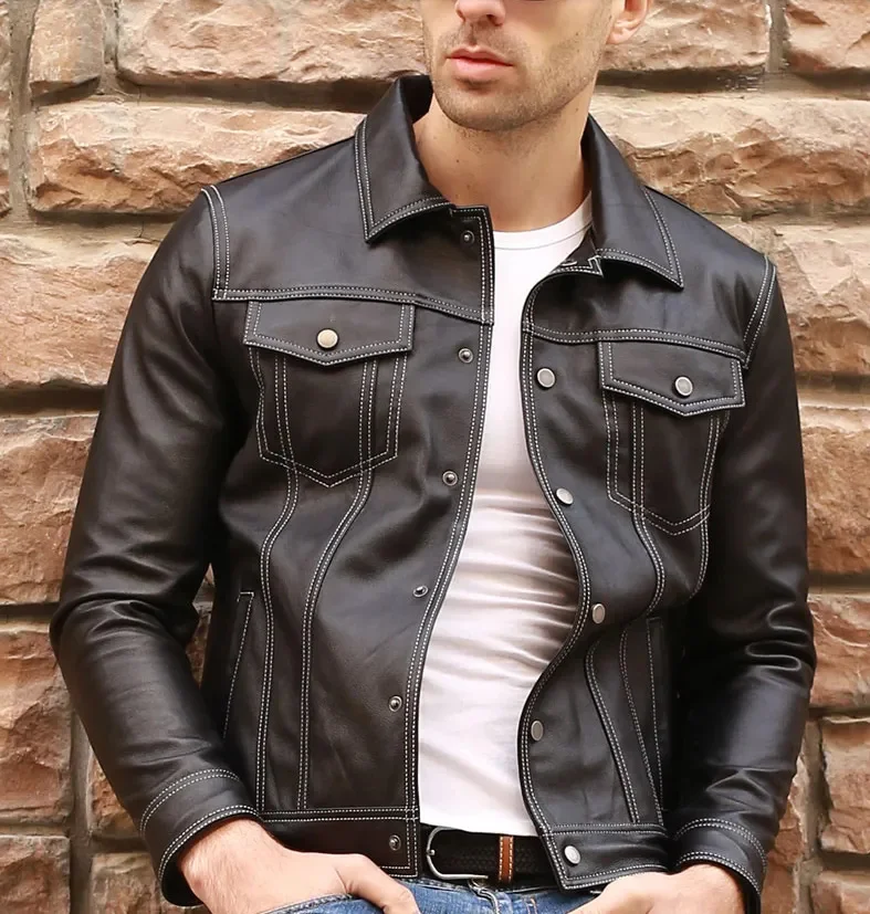 

Europe American Style New 2023 Spring Fashion Man's Genuine Sheepskin Leather Coat Male Short Jacket Black Plus Size xxxl 3xl