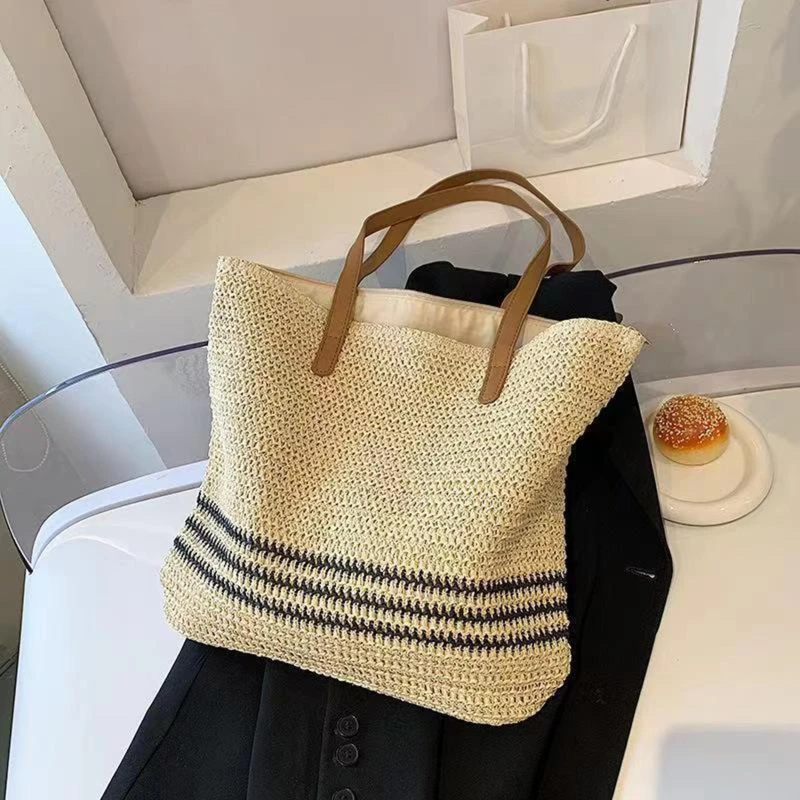 

Summer Straw Shoulder Bags for Women Striped Woven Seaside Beach Vacation Shopping Bags Casual Female Shoulder Handbags Totes