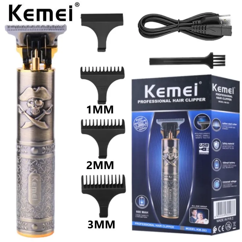 

Kemei T9 Professional Hair Trimmer 0MM Electric Cordless Clipper Hairstar KM-203 Metal Pirate Body Hair Beard Finishing Machine