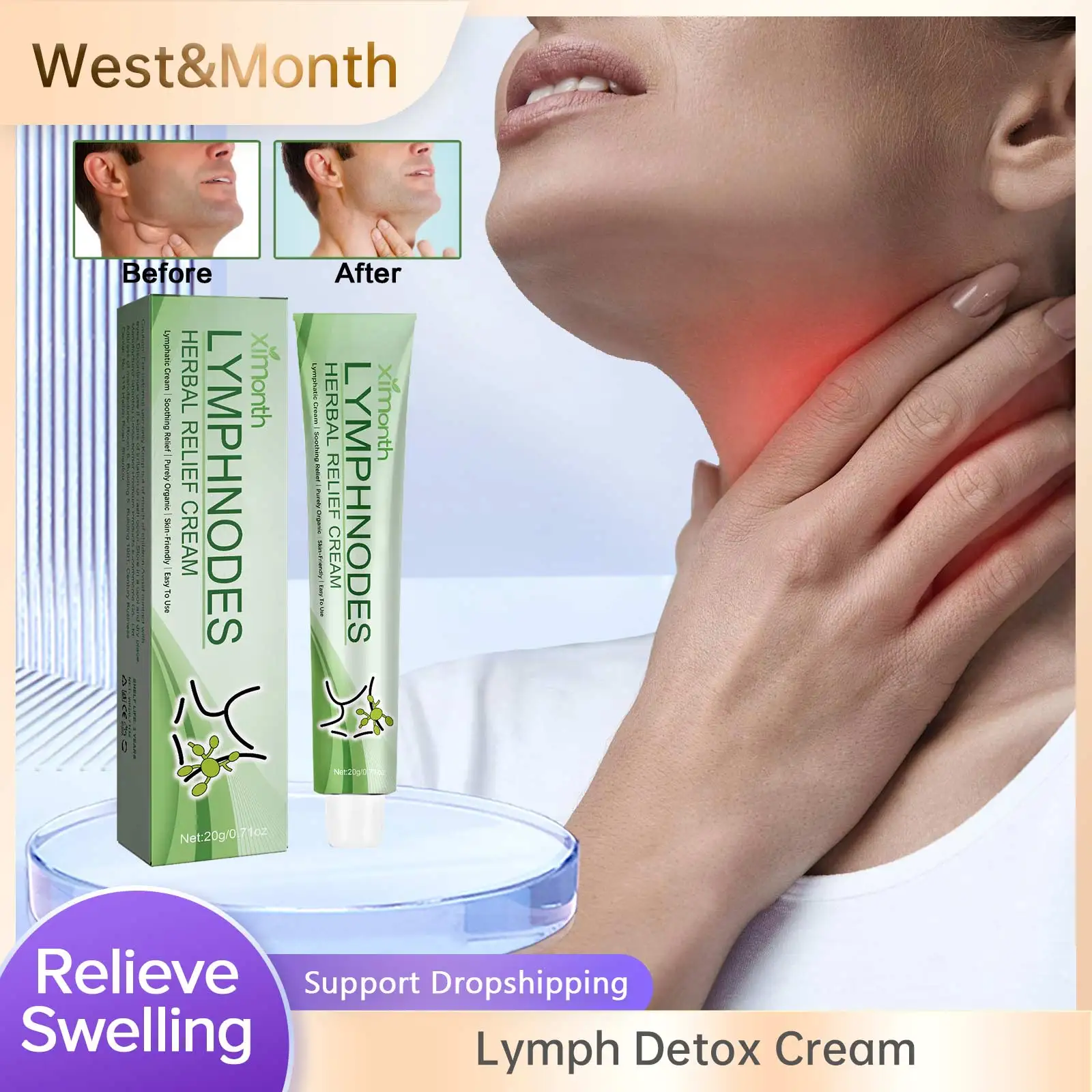 

Herbal Lymph Detox Cream Dredging Improving Neck Breast Armpit Swelling Relieve Pain Lymphatic Node Repair Massage Ointment 20g