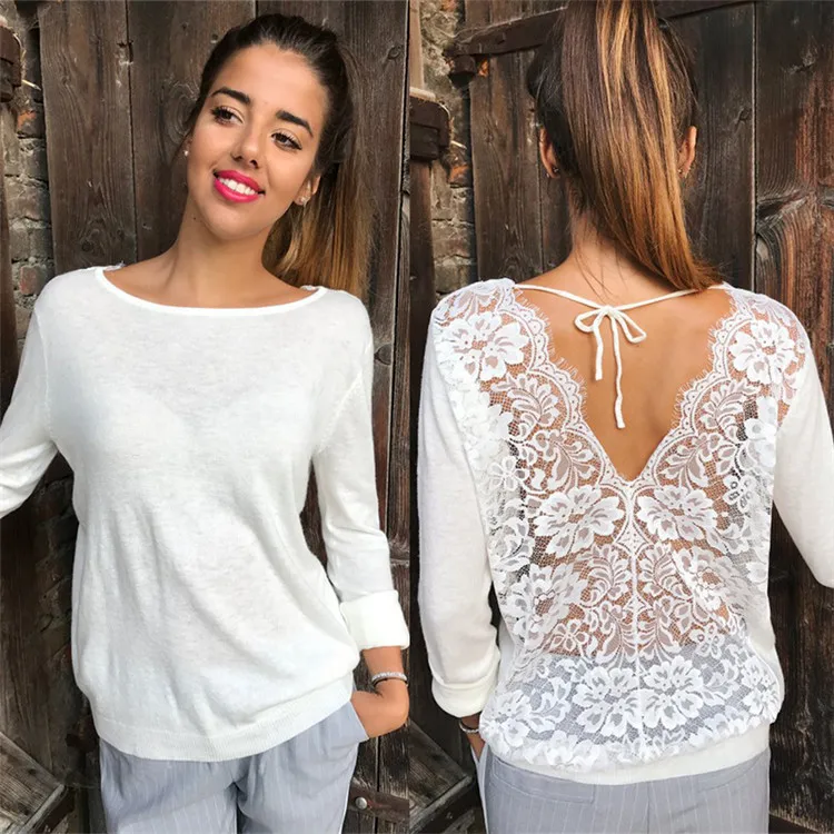 

2021 Spring and Autumn Women's Hot Style Sexy Round Neck Lace Patchwork Backless Mesh Long-sleeved T-shirt