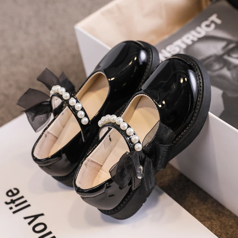 

Girls Leather Shoes 2022 Spring New Pearl Bow Princess Shoes Middle-Aged Children's Performance Shoes Flat Shoes