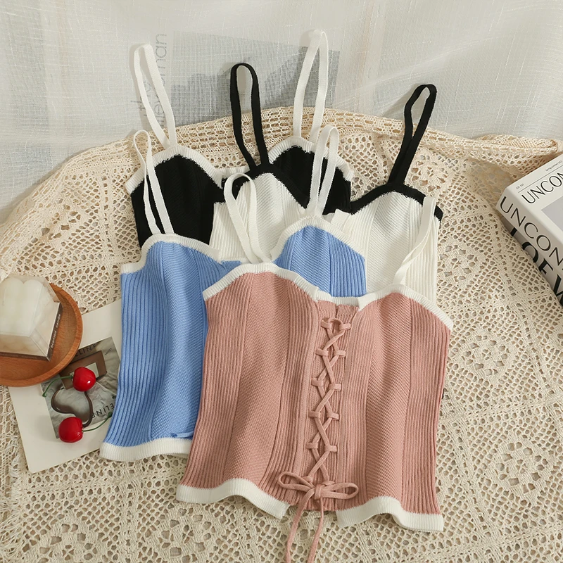 Вязаный открытый бандажный корсет на бретельках Сексуальные облегающие майки и