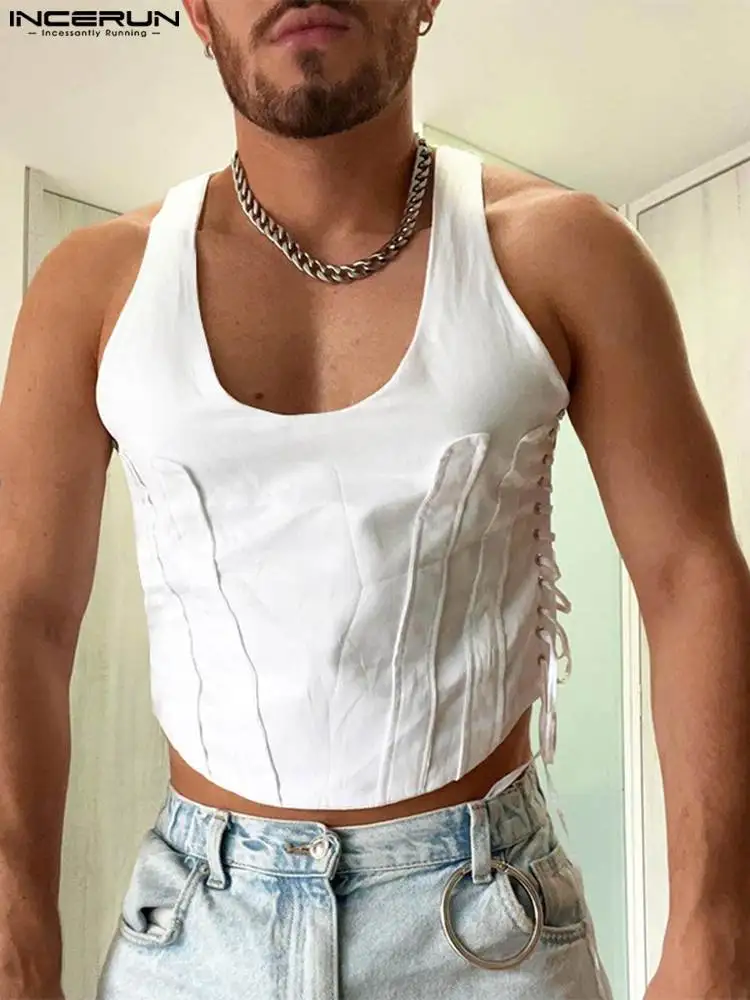 

INCERUN 2022 Men Tank Tops Solid Color O-neck Sleeveless Lace Up Sexy Crop Tops Hollow Out Stylish Streetwear Casual Vests S-5XL