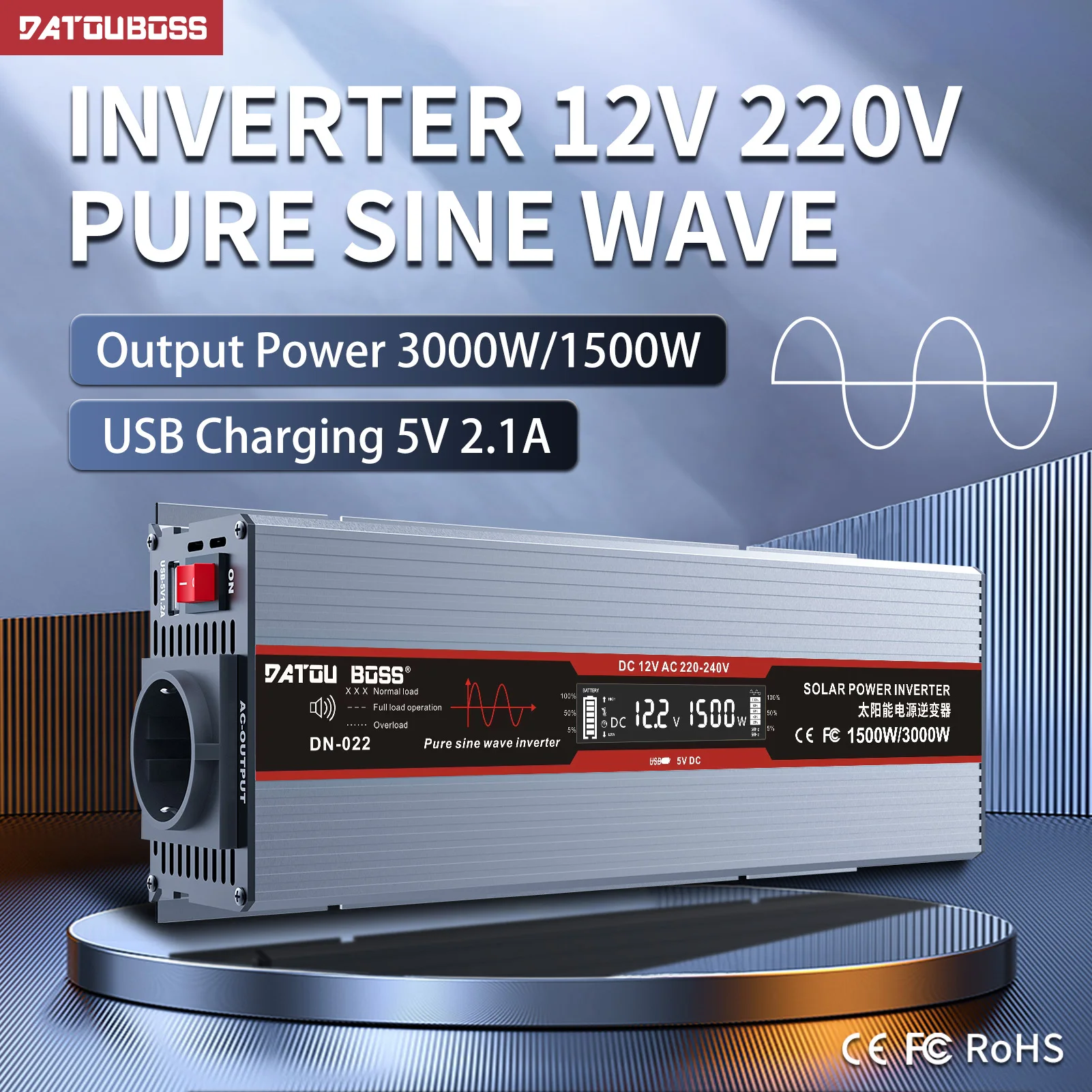 

DATOUBOSS Pure Sine Wave Inverter Inverter 3000W 12V 220V Transformer Power Converter Car Inverter with LCD Display EU Socket