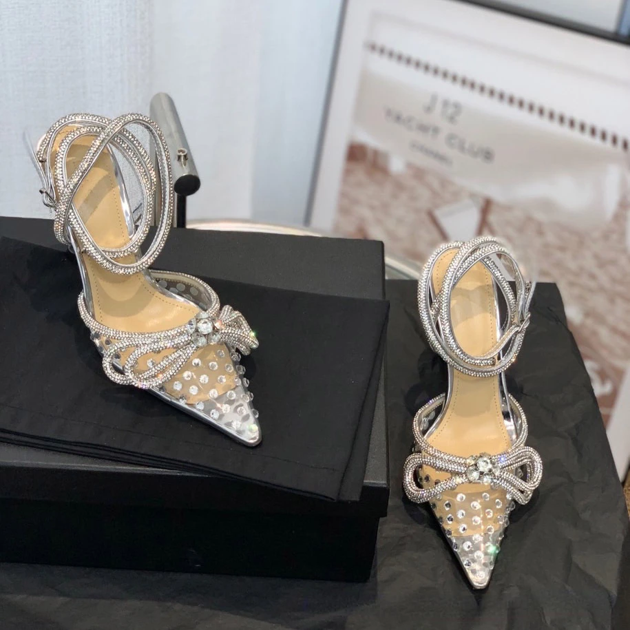 

Baotou High Heel Pointed Toe Sandals 2022 Spring New Transparent Rhinestone Bow Stiletto Shoes Women