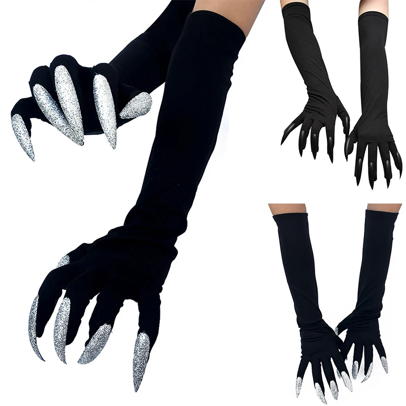 

Halloween Long Nails Gloves Ghost Claws Gloves 1 Pairs Scary Sharp Silver Nails Scary Props Black Gloves Mittens With Claws New