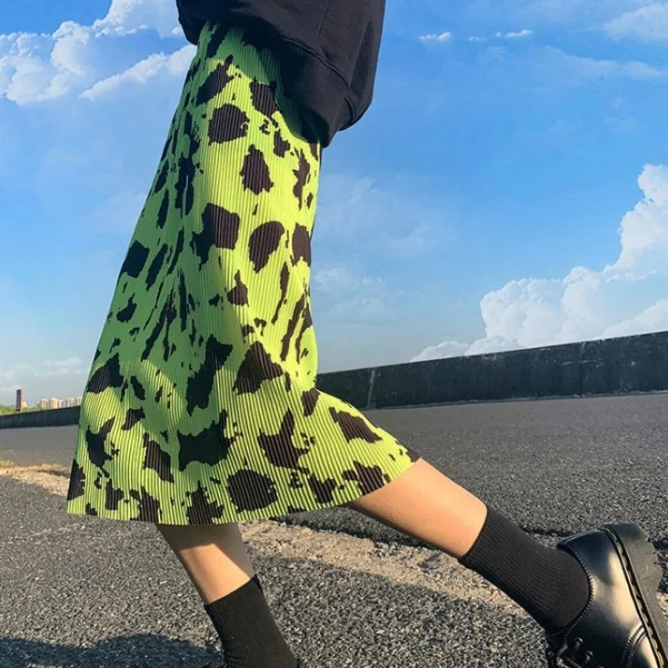 

Флуоресцентная зеленая Φ 2023, Весенняя юбка А-силуэта с высокой талией для женщин Y2k, гранж, прямые женские юбки с рюшами