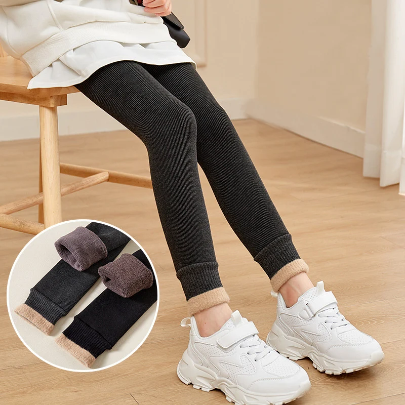 

Леггинсы для девочек, флисовые плотные теплые модные цветные детские брюки с отстрочкой, детские зимние плотные брюки-карандаш с вертикаль...