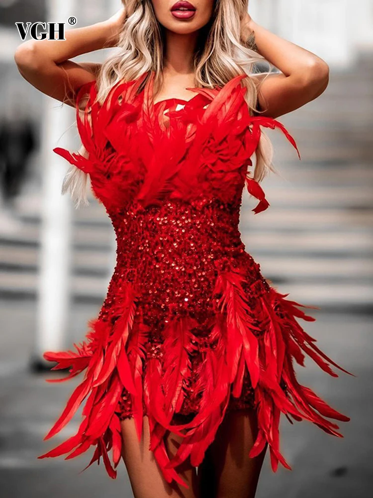 

VGH Patcwork Feathers Formal Dresses For Women Slash Neck Off Shoulder Sleeveless High Waist Mini Sequins Dress Female Fashion
