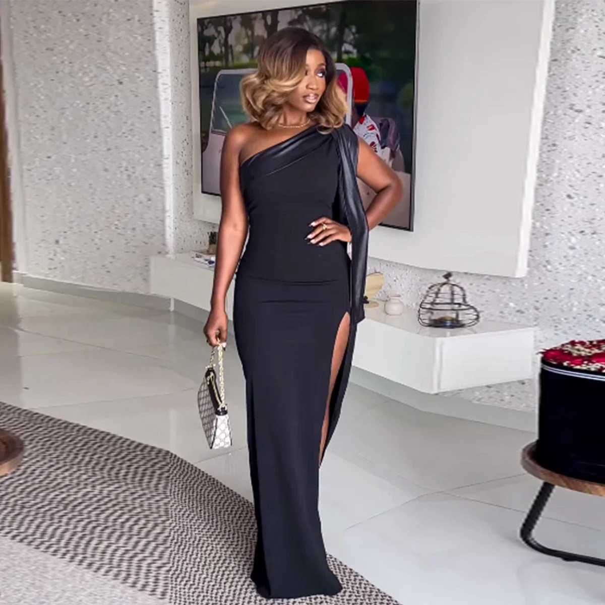

Wishyear Elegant Sleeveless One Shoulder High Slit Bodycon Birthday Maxi Dress for Women Prom Gown Slim Long Black Party Dresses