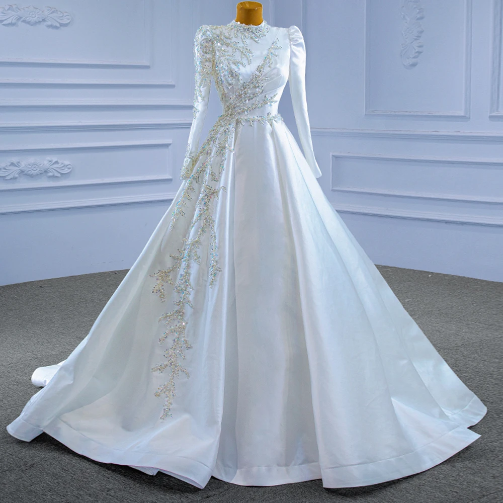 

Vestidos De Novia Long Sleeve Satin A-Line Wedding Dress Beading Pearls Vintage Gelinlik Lace Up Back Luxury Bridal Gowns