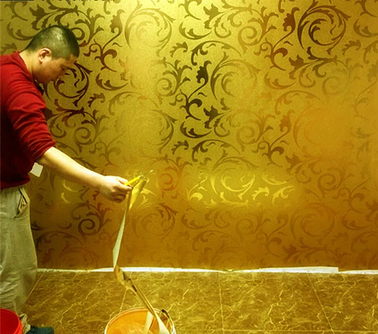 

Gold foil wallpaper golden silver European-style ranunculus vetch leaf ceiling living room bedroom TV background wallpaper