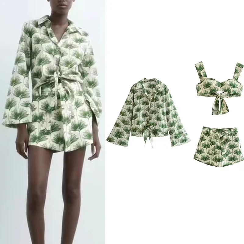

2022 Spring Women Casual Long Sleeve Hem Lacing Printed Shirt Short Camisole High Waist With Belt Shorts Three Piece Suit XX8800