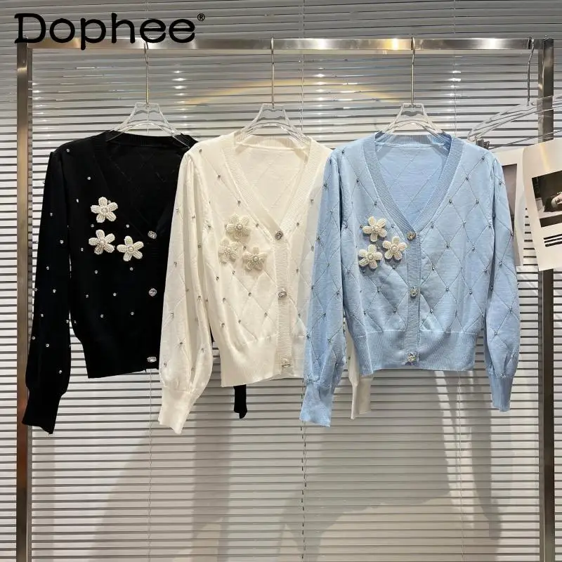 

Heavy Industry Rhinestone Knitted Sweater Cardigan for Women 2022 Spring New Chic Pearl Flower V-neck Sweater Top Coat Female