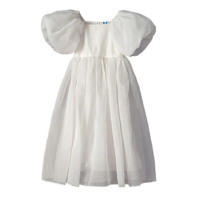 

Girl's Square Neck Solid Color Puff Sleeve A-line Princess Dresses Korean Style Mesh Design Summer Dress