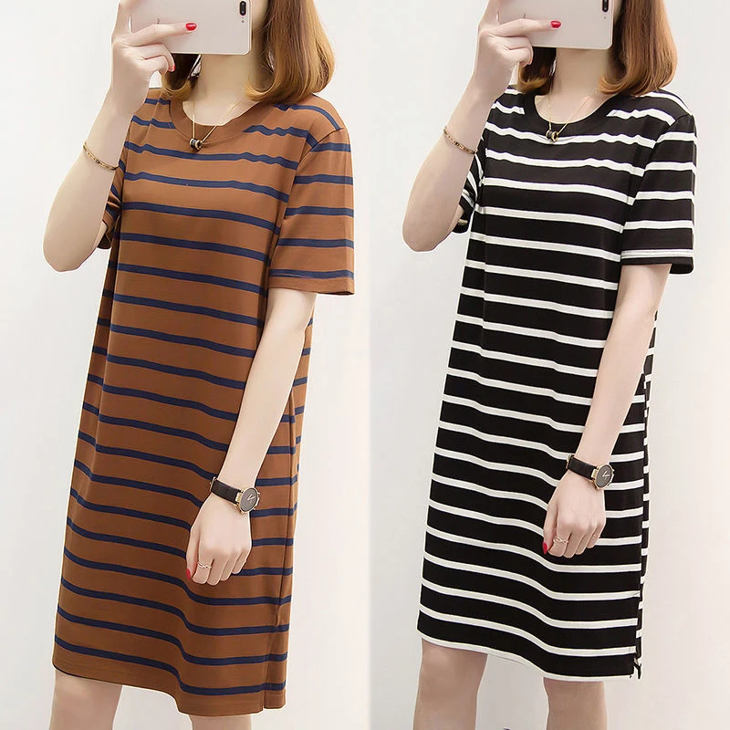 

Striped Cotton Nighties Sleep Dress For Women Short Sleeve Lovely Black White Long Nighties Ladies Nightshirts Sleeping Gowns