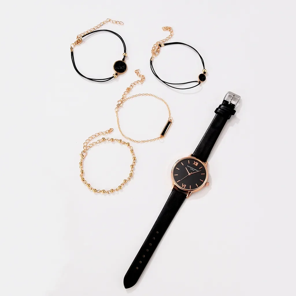 Set Women 5pcs Woman Quartz Wristwatch Leather Ladies Bracelet Luxury Watch Casual Relogio Femenino Gift For Girlfriend