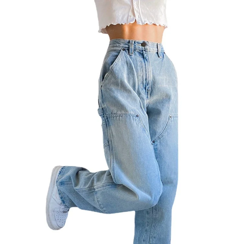 Women's Autumn New Casual Straight Denim Pants 2023 Baggy Jeans Mom Fit High Waist Loose Light Blue Jean Pocket Patchwork Female
