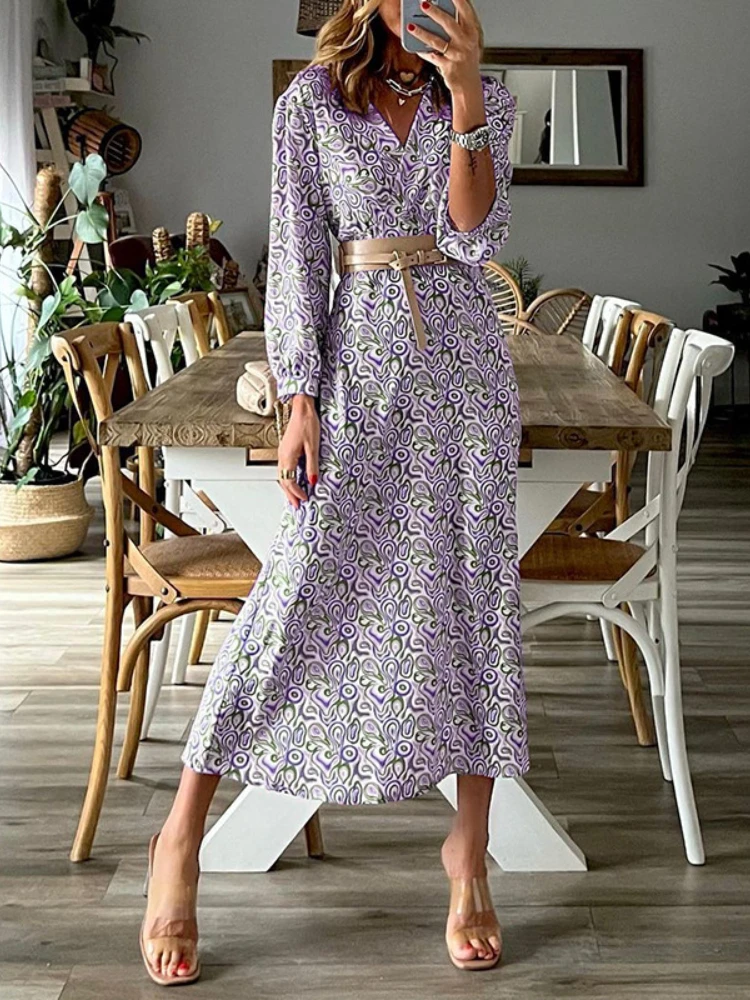 

Spring Summer New Long-sleeved Printed Dress Female V-neck Slim Waist Waist Long Skirt Bohemian Dress Female Office Lady Robe