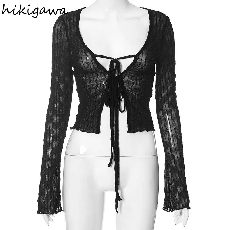 Женская прозрачная блузка с длинным рукавом летняя из газовой ткани Y2k 2024