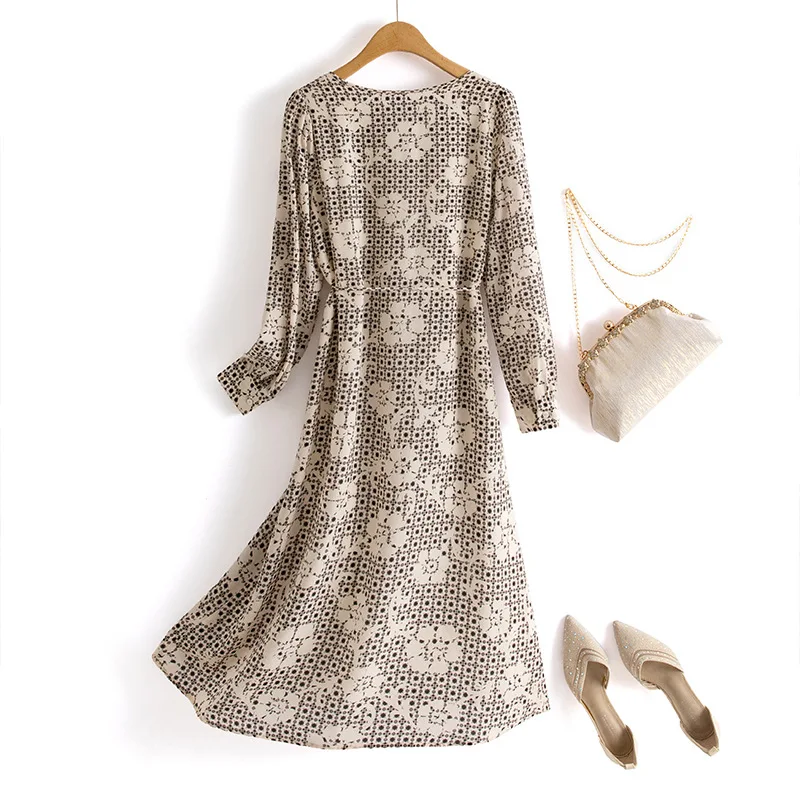 Платье женское из натурального шелка с V-образным вырезом и длинным рукавом