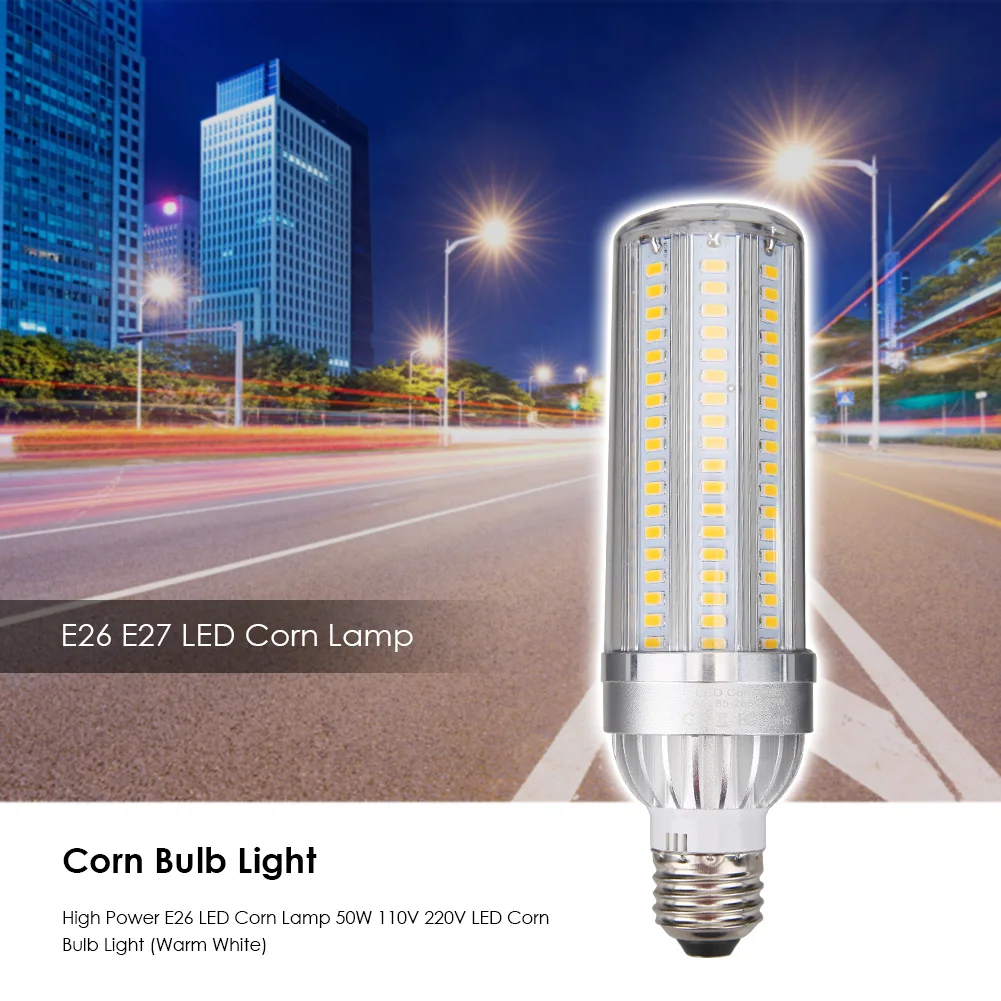 

E26 High Power LED Corn Lamp 50W 110V 220V LED Corn Bulb Aluminum Fan Cooling No Flicker Light for Home (Warm White)