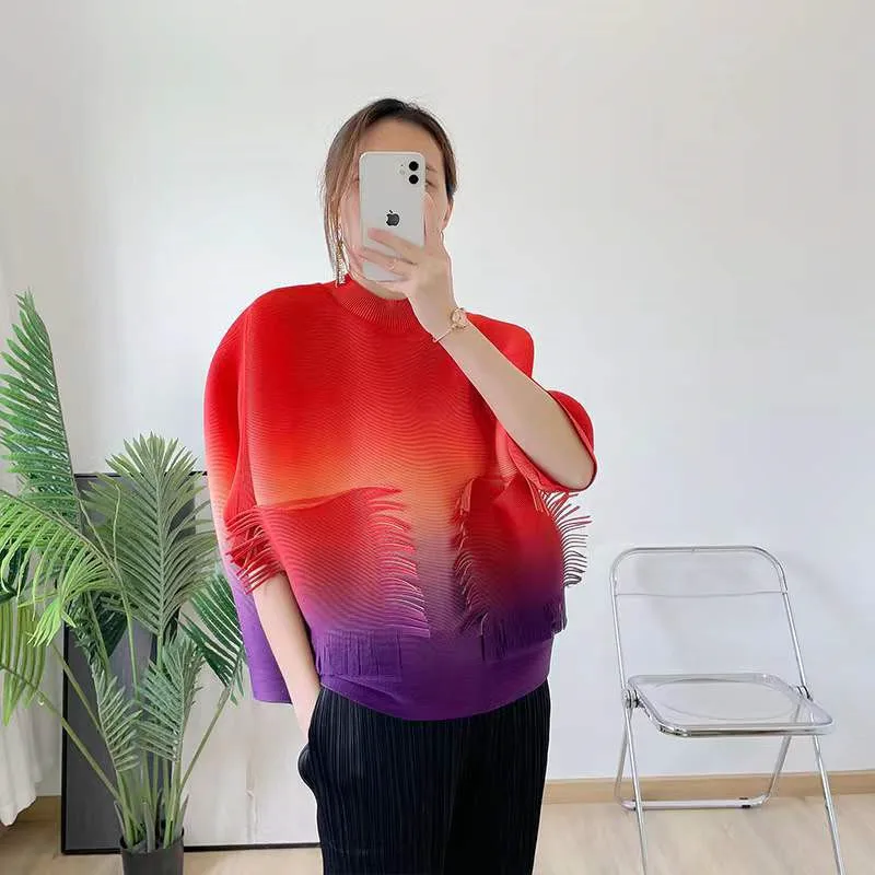 

Miyake плиссированный топ футболка женская 2022 Весенняя Новинка модные женские туфли для маленькой девочки с высоким, плотно облегающим шею во...