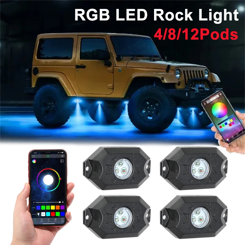 

4/подсветки RGB LED Rock светильник s LED подсветсветильник для автомобилей, внедорожников, грузовиков (дистанционное управление через приложение)