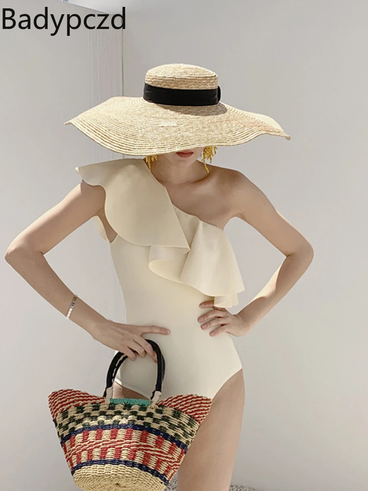 

Badypczd Korea's New Solid Color Bikini Sexy Ruffle Cover The Belly Thin Conservative One-piece One Shoulder Swimsuit for Women