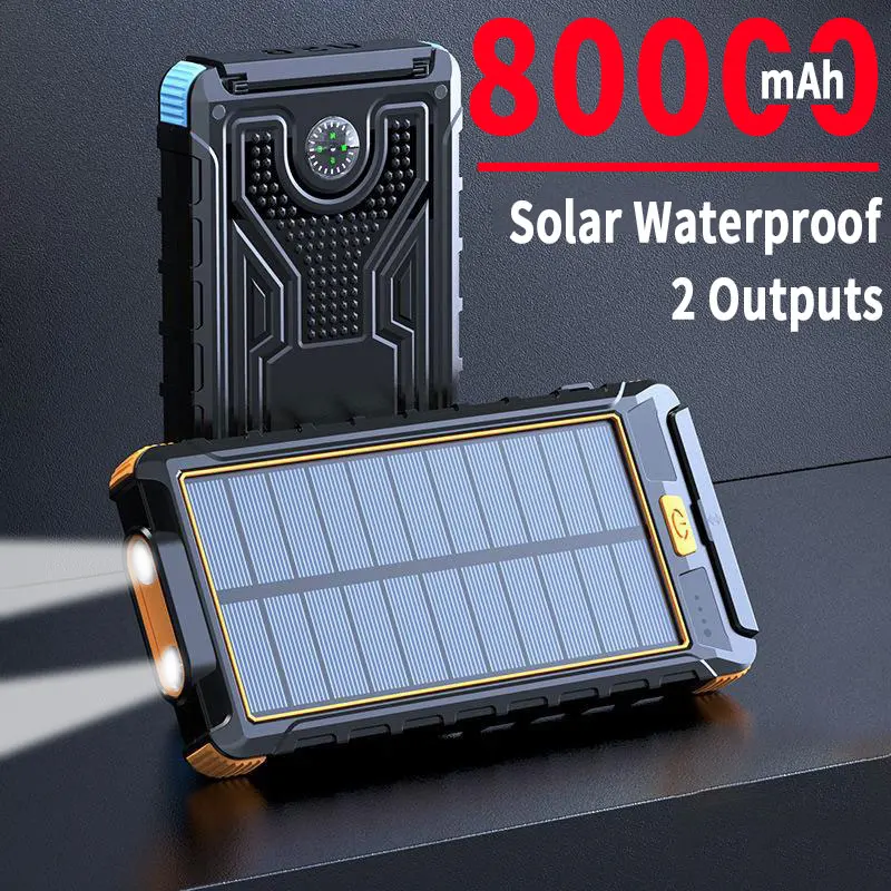 Solar Power Bank 80000mAh High Capacity Portable Charger Waterproof Fast Charging External Battery Flashlight For Xiaomi iPhone