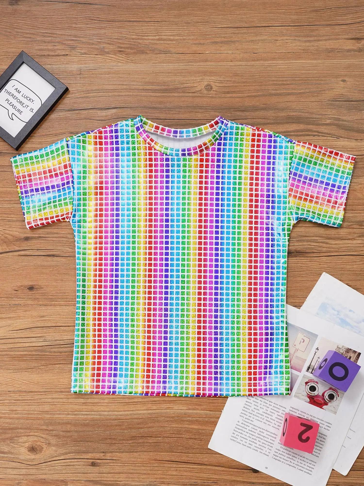 Футболка для девочек и мальчиков летняя модная блестящая клетчатая футболка с