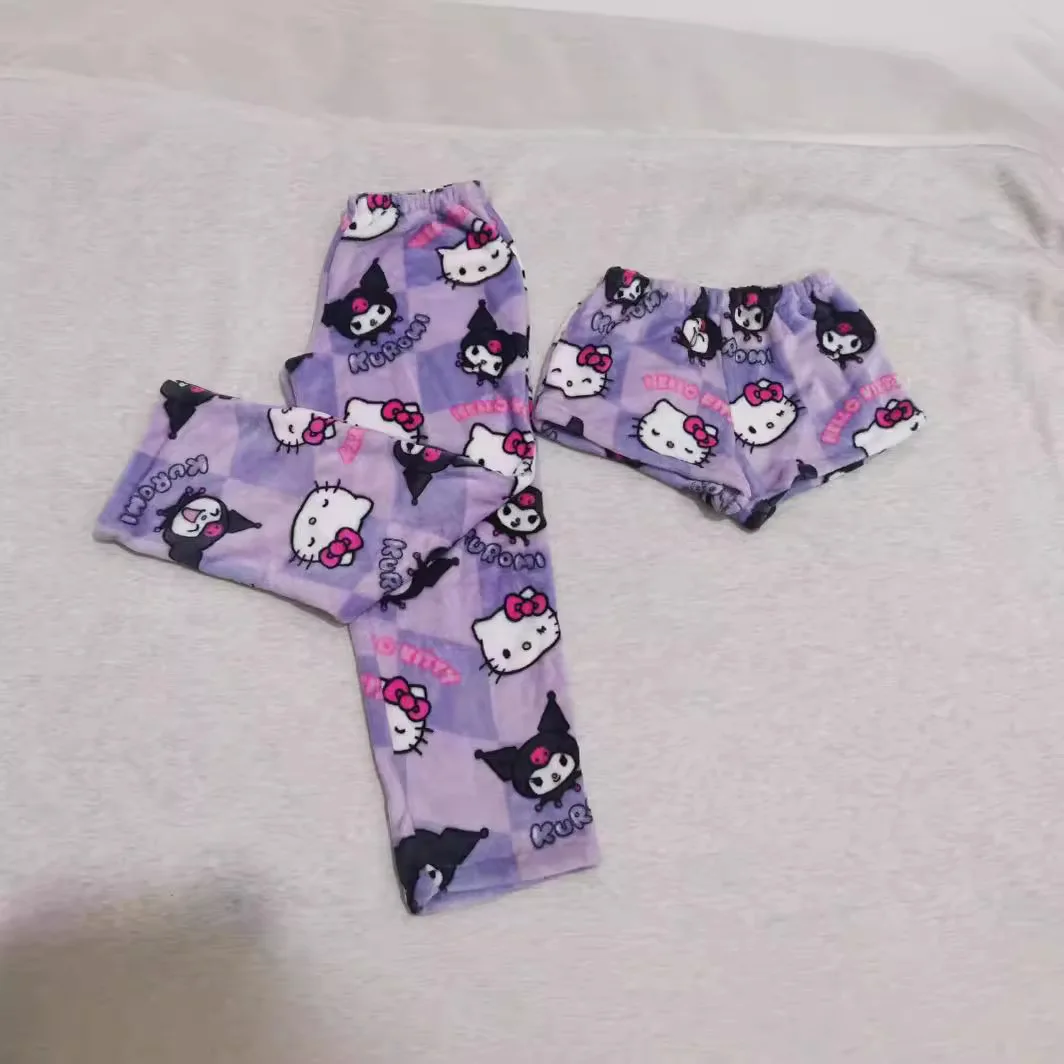 Фото Фланелевые пижамы Sanrio Kuromi, фиолетовые, женские, теплые, шерстяные, с мультяшным принтом, повседневные домашние брюки, осенне-зимние модные брюки, милый подарок №2