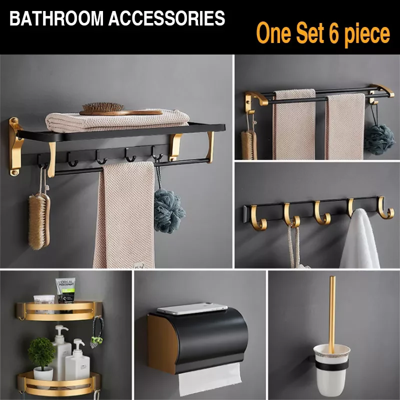 

Towel Hanger Matte Black Glod Aluminum Punch-Free Wall Bath Holder Rack Folding Hook Bathroom Accessories Organizer Shelves