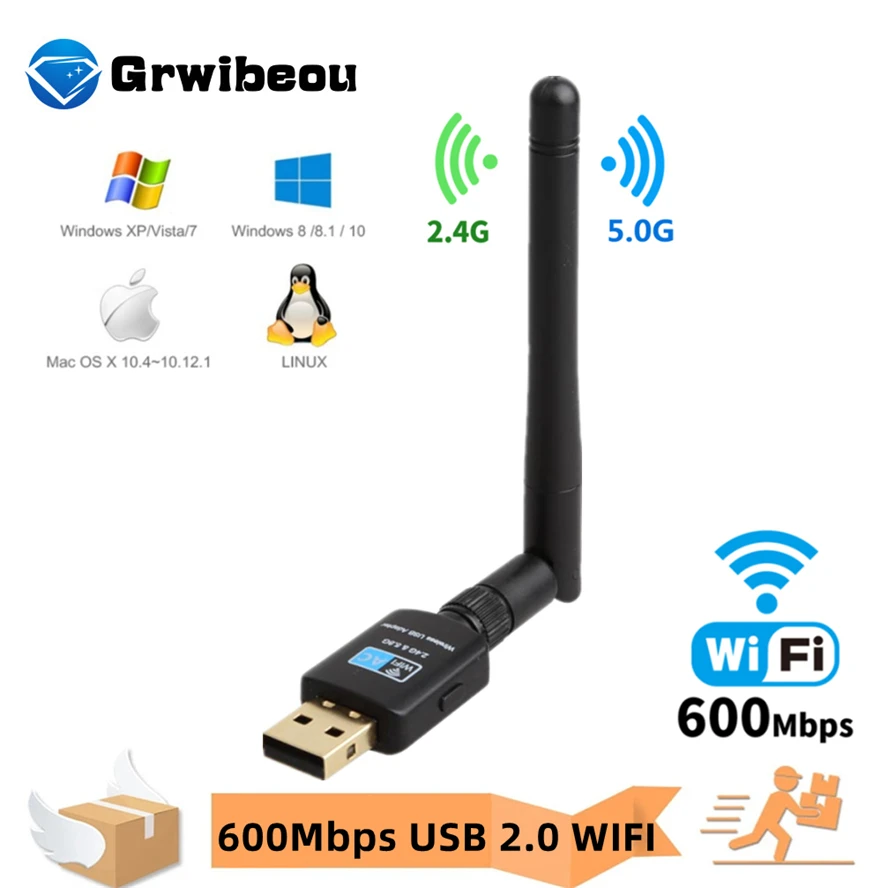 

GRWIBEOU USB Wifi Adapter 5.8GHz+2.4GHz Wi-fi Receiver High Speed 600Mbps Wi-fi Antenna Wireless PC Network Card 802.11ac