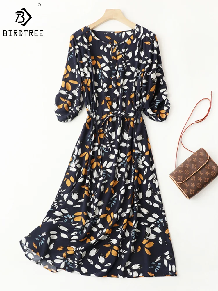 Birdtree 100%Real Silk 2023 Summer New Printed Dress Designed Lantern Half Sleeve Printed Women's Fashion A-line Skirt D37442QM