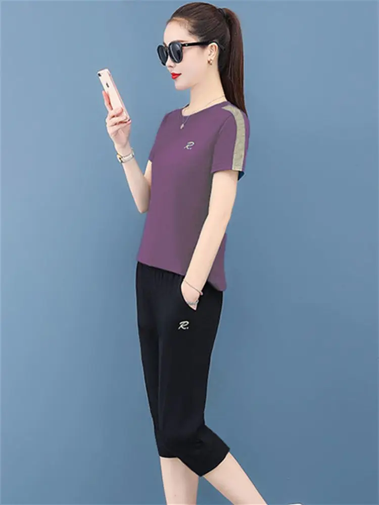 

Summer Sports Suit Running Fitness Clothes Women's Short Sleeve Gym Top Workout Pants Female Two-piece Sportswear Jogging Suits
