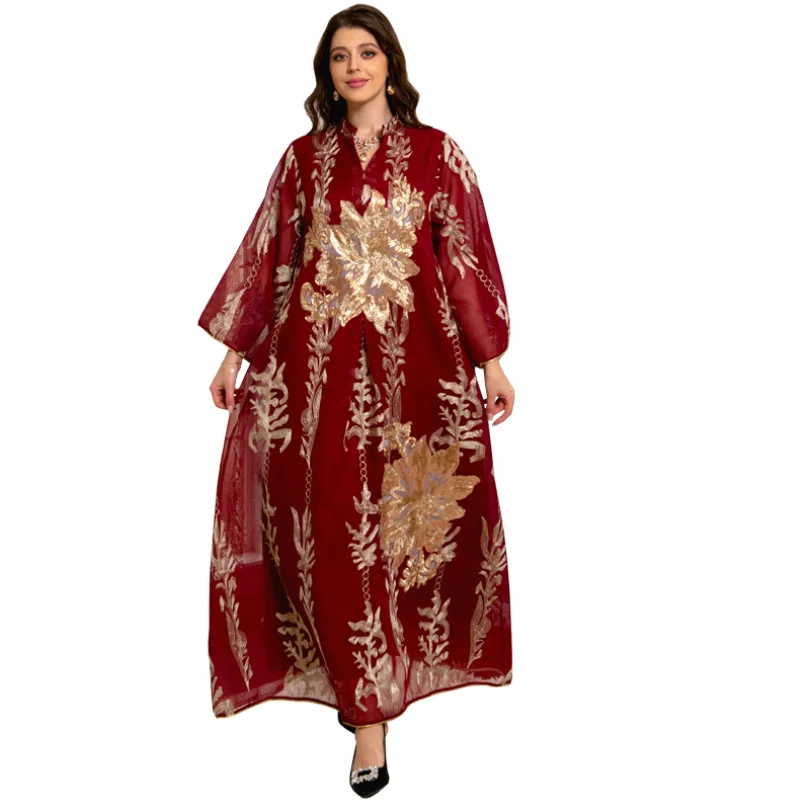 Muslim Fashion 2023 Muslim Women Long Sleeve V-neck Polyester Sequined Long Abaya  Abaya Dubai Abaya Dress Muslim Dresses Women