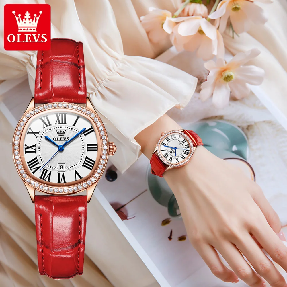2023 New OLEVS Square Quartz Watches Women's Luxury Red Leather Wrsitwatches Fashion Rhinestones Classic Clock Montre Femme