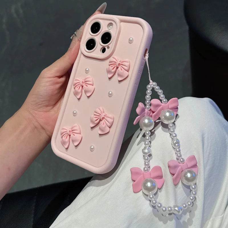 Розовый чехол для телефона с бантом и жемчужным ремешком для iPhone 17, 16, 15, 14, 13, 12, 11 Pro Max, iPhone 16, 15, 14, 8 Plus, 17E, X, XR, SE, мягкий чехол (art.: 3920daf3da8ea) - 3920daf3da8ea