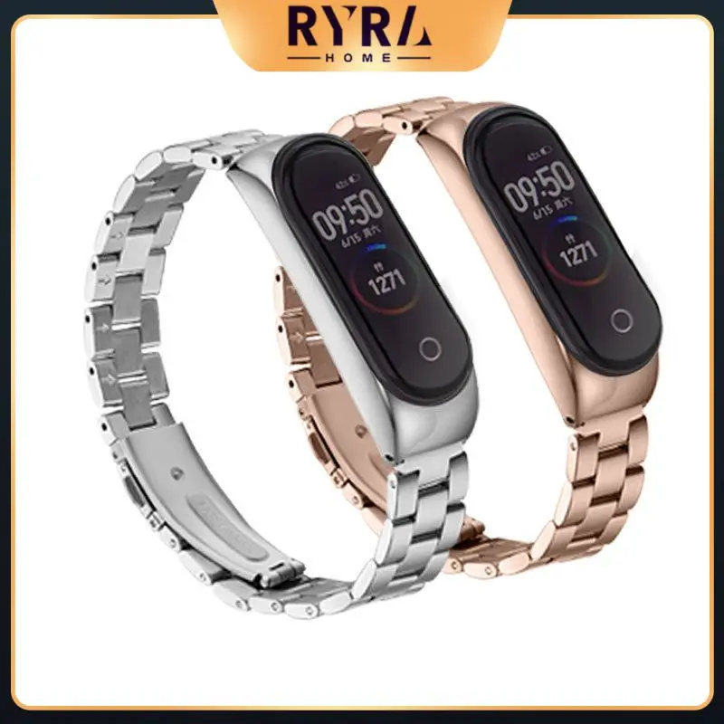 

For Mi Band 5 Three Bead Watchband NFC Three Bead Fine Steel Safety Buckle Bracelet Metal Band For Band 5