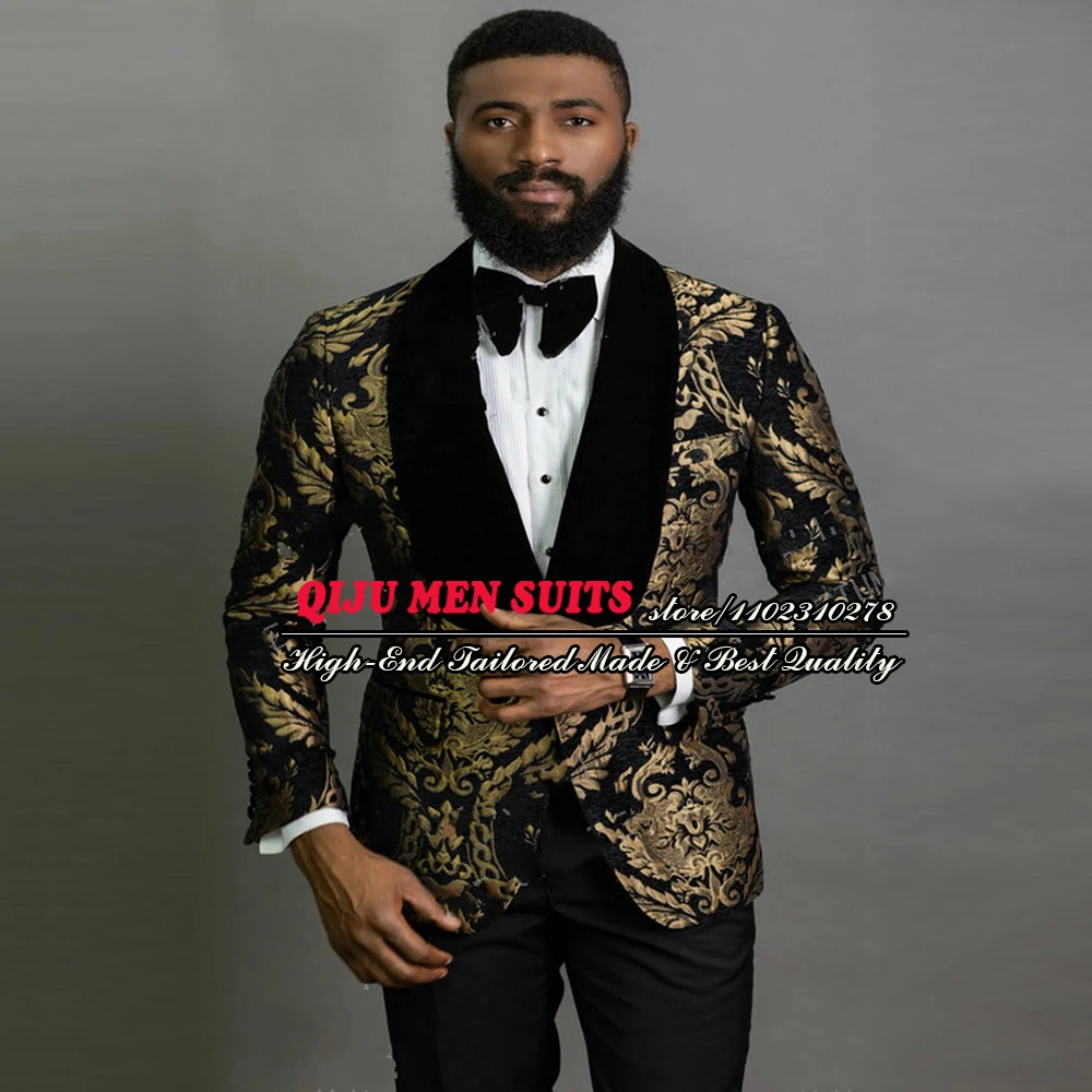 

Золотые жаккардовые свадебные костюмы, элегантная одежда для жениха, мужской смокинг, Черный Бархатный жакет с лацканами и брюки, мужские комплекты из 2 предметов для вечеринки, блейзер