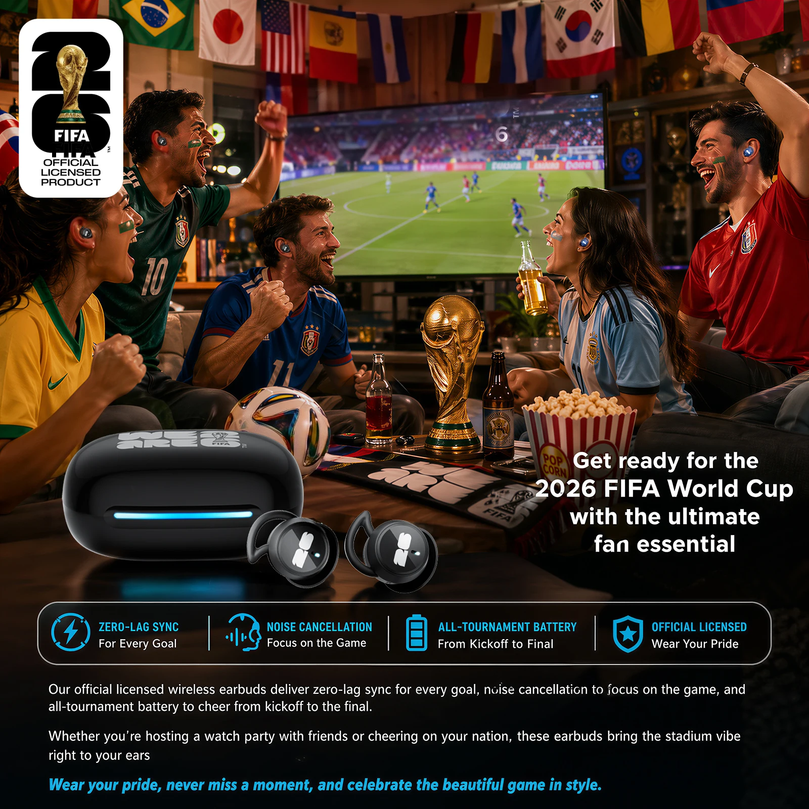 Фото Беспроводные Bluetooth-наушники, официальные лицензионные наушники FIFA 2026 World Cup с низкой задержкой и шумоподавлением, для сна, подарок для футбольных фанатов F26E06 №3